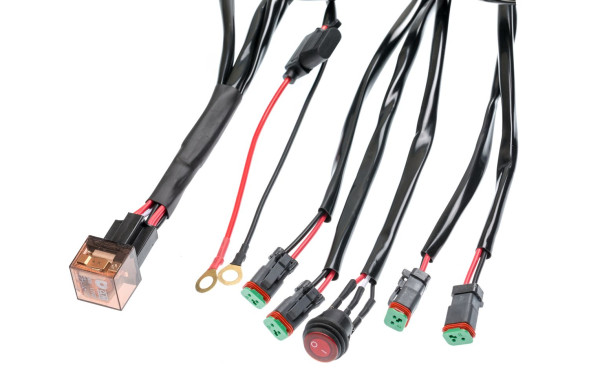 Проводка для Четырех фар мощностью до 120W, 12V, Врезная кнопка круглая с реле и предохранителем.