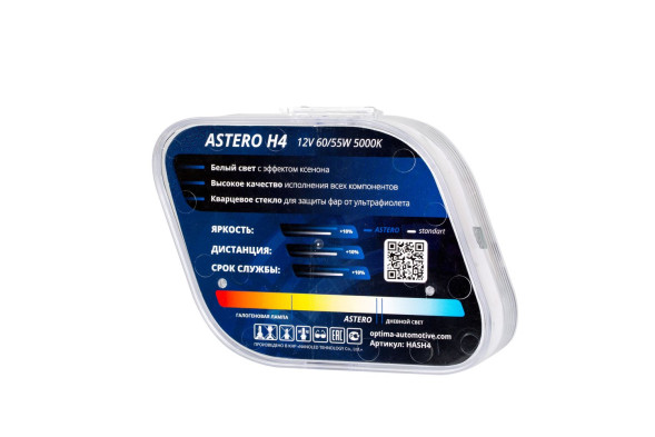 Галогенные лампы Optima Astero H4 +80% White 5000K, 12V, 60/55W БЕЗ ГАРАНТИИ