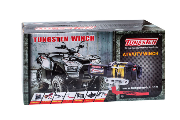 Лебедка для квадроцикла Tungsten T4000 тяговое усилие 4000Lb/1818 кг, стальной барабан, синтетический трос 10м, 12 вольт.