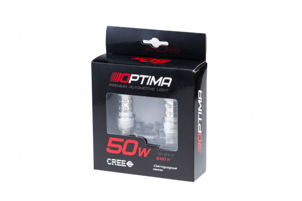 Светодиодная лампа цоколь W21W-7440 Optima Premium, CREE*10, 5100K, 50W, 12V, (W3X16d), 1 лампа
